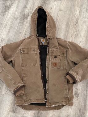 Carhartt Bartlett Canvas Jacket Mens S Tan Sherpa Lined Hooded Duck Coat Hooded